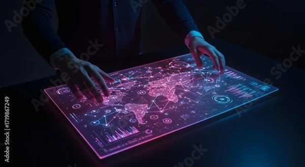 Fototapeta Futuristic Holographic World Map Interface with Data Analytics