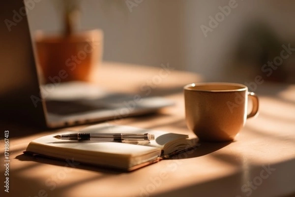 Fototapeta Minimalist desk with notebook, pen, and coffee cup in warm morning light