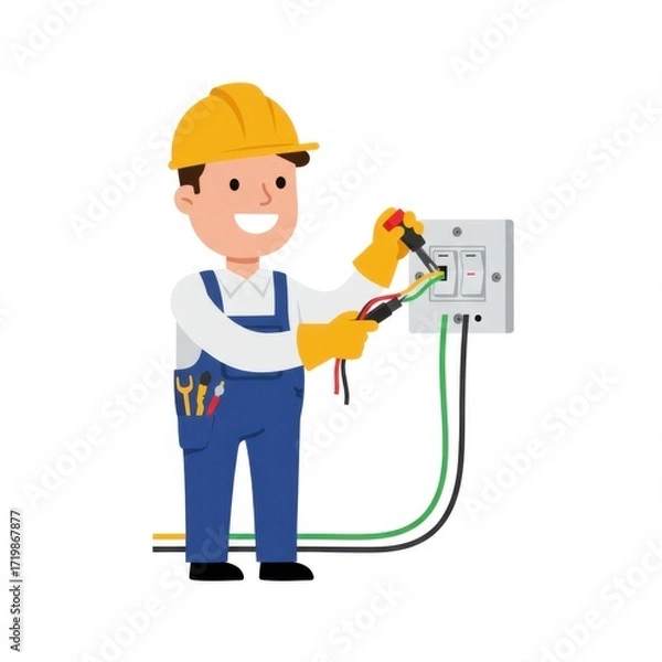 Fototapeta Electrician working on electrical panel with tools and safety gear  