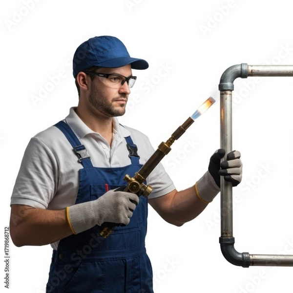 Fototapeta Male worker welding metal pipe with torch in industrial setting  