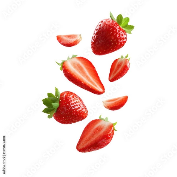 Fototapeta Flying in Air Strawberries and Slices of Strawberry on transparent background