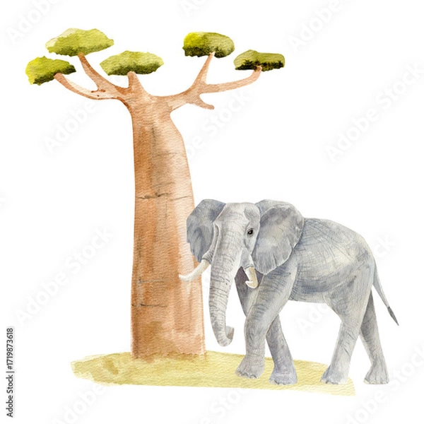 Fototapeta Hand-painted watercolor illustration of a majestic elephant and a baobab tree with lush green foliage standing on green grass. Artistic wildlife artwork with soft textures and delicate brushstrokes. 
