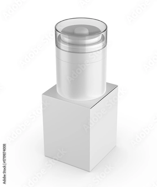 Fototapeta 3D render illustration of a blank cosmetic airless pump jar packaging isolated on white background. Realistic clean mockup template for branding.