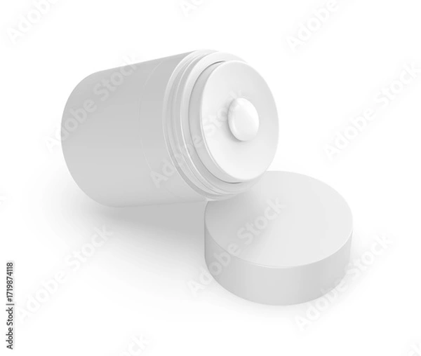Fototapeta 3D render illustration of a blank cosmetic airless pump jar packaging isolated on white background. Realistic clean mockup template for branding.