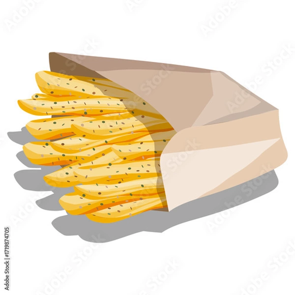 Fototapeta French fries sprinkled with oregano in paper bag on white background. Fast food vector illustration.