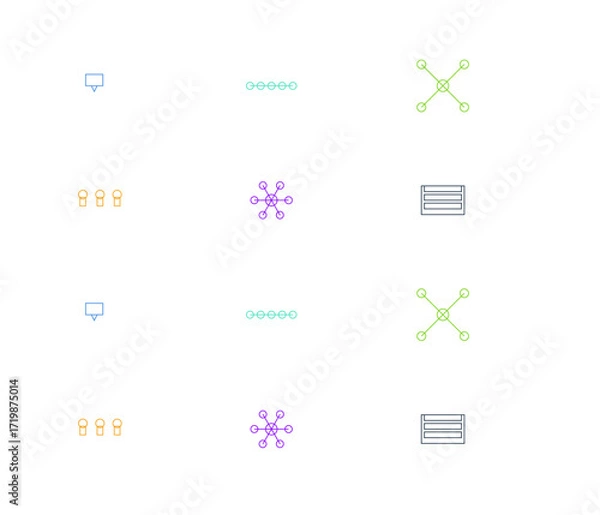 Fototapeta Communication and connection multipack illustration set, 12 modern flat vector styles include chat bubbles, connection nodes, network diagrams, people, collaboration graphics, messaging app layouts