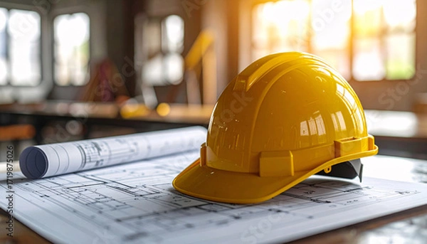 Fototapeta Yellow safety helmet on construction blueprint in office