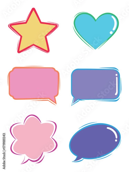 Obraz A set of colorful, hand-drawn vector speech bubbles and shapes like stars and hearts, perfect for comic book art, social media, and digital communication.