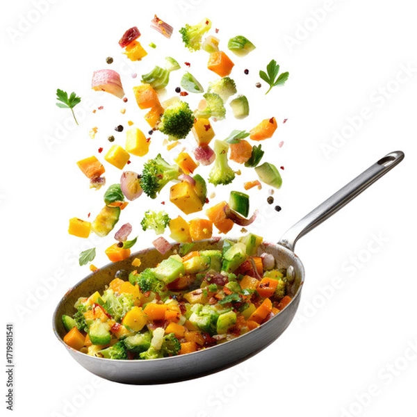 Fototapeta  Fresh Chopped Vegetables Mix Flying in a Pan Isolated on Transparent Background