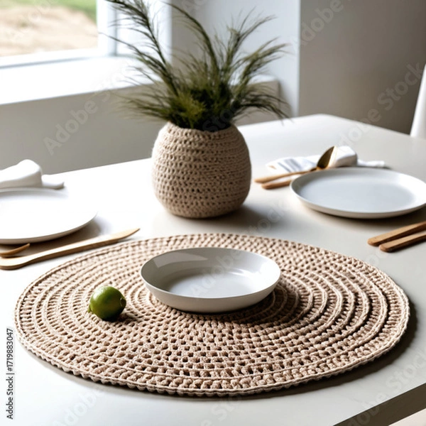 Fototapeta Handmade crochet table mat under table items, adding cozy, stylish, and decorative charm to home interiors and tabletops.