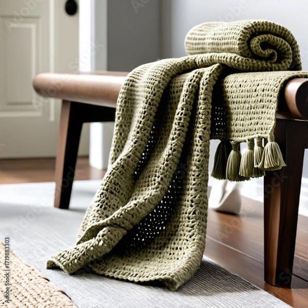 Fototapeta Handmade crochet throw blanket, adding cozy, decorative charm and stylish warmth to living spaces and home interiors.
