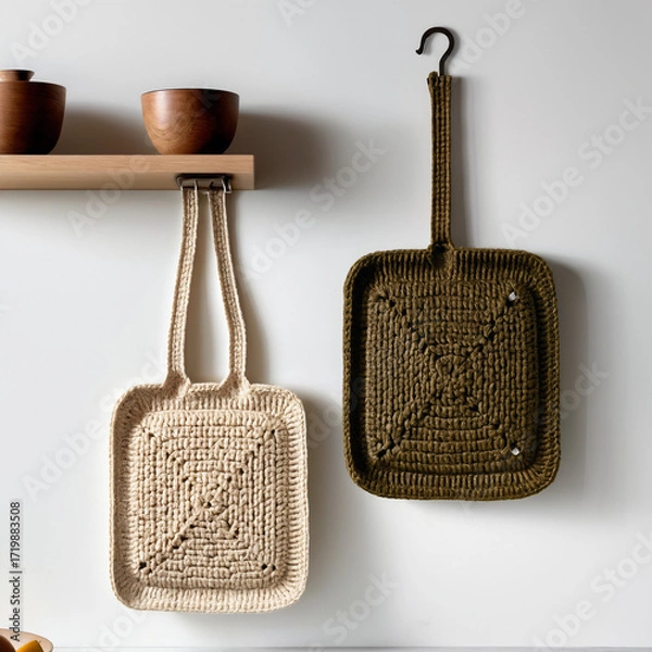 Fototapeta Handmade crochet heat mats hanging on a wall, adding cozy, decorative, and functional charm to kitchen and home interiors.