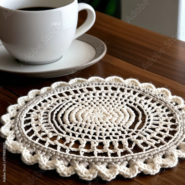 Fototapeta Handmade crochet coaster with a coffee cup on a table, showcasing cozy, stylish, and functional handmade decor for home interiors.
