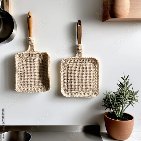 Fototapeta Beige handmade crochet heat mats hanging on a wall, adding cozy, decorative, and functional charm to kitchen and home interiors.
