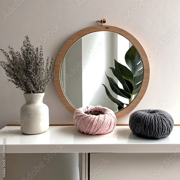 Fototapeta Handmade crochet strings placed on a countertop, showcasing cozy, creative craft details and decorative charm for home interiors.