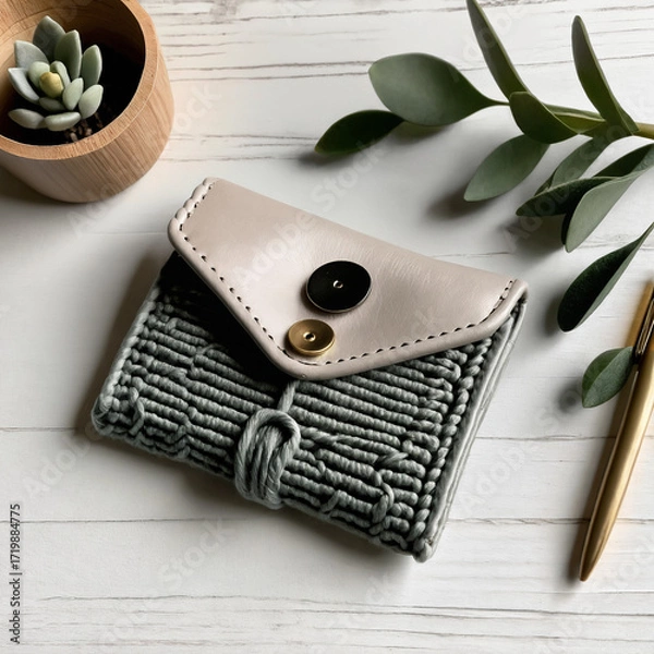 Fototapeta Handmade grey crochet wallet placed on a table, combining cozy craftsmanship with stylish, functional design for everyday use.
