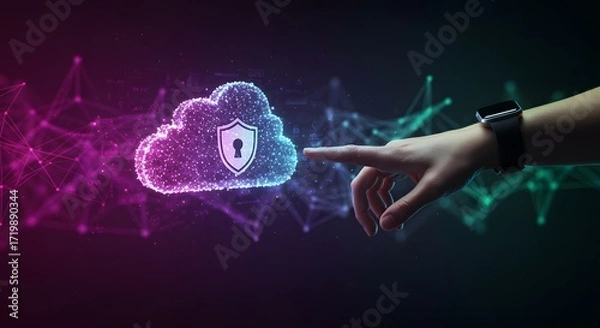 Fototapeta Secure Cloud Computing Concept: Hand Interacting with Digital Shielded Cloud