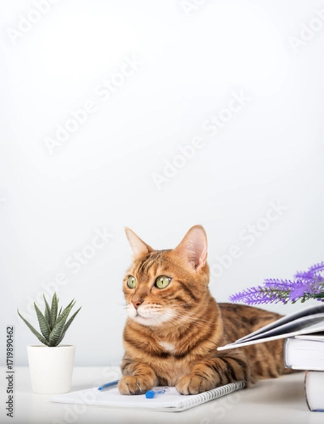 Fototapeta Bengal cat with a book and notebook on the table - pet and study.