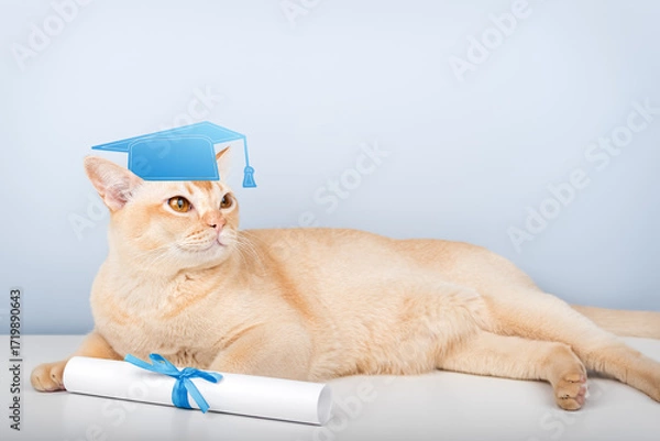 Fototapeta A Burmese cat wearing an academic cap and holding a diploma is a symbol of education and graduation.