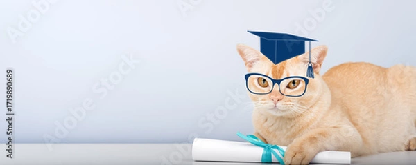 Fototapeta A Burmese cat wearing an academic cap and holding a diploma is a symbol of education and graduation.