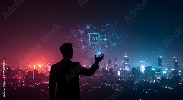 Fototapeta Silhouette of businessman interacting with AI network hologram over futuristic cityscape at night