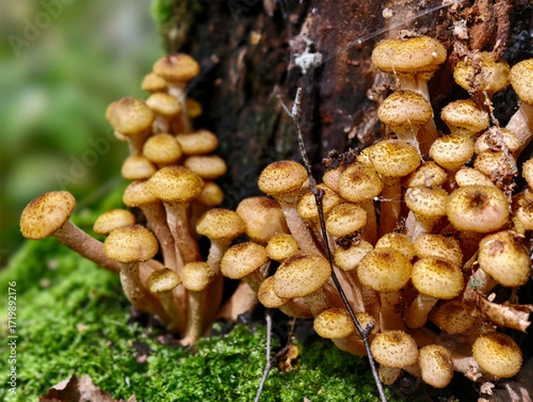 Fototapeta A group of edible honey fungi Armillaria mellea on the bark of a tree in a forest.