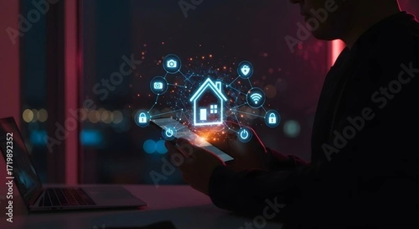 Fototapeta Smart Home Technology Concept: Person Controlling Home Automation via Smartphone