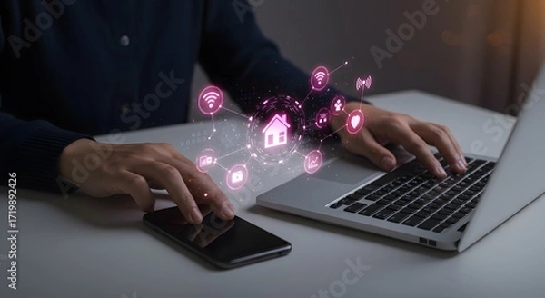 Fototapeta Smart Home Technology Concept: Person Interacting with Digital Network on Laptop and Smartphone