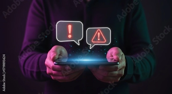 Fototapeta Smartphone with Warning Icons: Cybersecurity Alert, Notification, Error Message