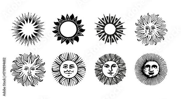 Fototapeta A cheerful set of hand-drawn sun with a smiling face, radiating warmth and joy in a black-and-white celestial mystic style, perfect for cosmic art
