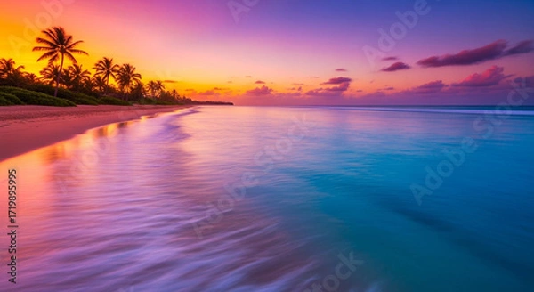 Fototapeta The stunning tropical beach scene showcases a vibrant sunset with palm trees silhouetted against the colorful sky, reflecting beautifully on the calm ocean water.