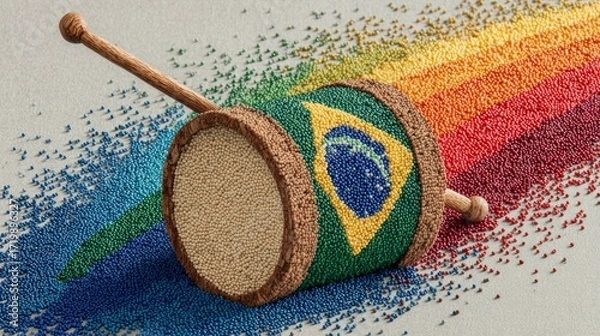 Fototapeta A colorful drum with a Brazilian flag design lies on a rainbow of beads, creating a vibrant artistic display.