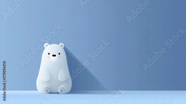 Fototapeta A cute, stylized polar bear sits against a soft blue background, evoking a sense of warmth and playfulness.