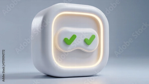Fototapeta A modern logo design featuring a rounded white square with two green checkmarks, illuminated against a sleek background.
