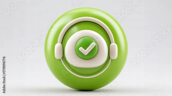 Fototapeta A round green icon featuring headphones and a checkmark, symbolizing audio confirmation or music-related functionality.