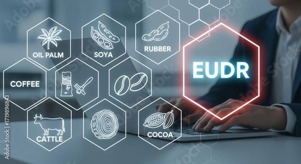 Fototapeta EUDR Compliance Hexagon Interface with Large Icons — Oil Palm, Soya, Rubber, Coffee, Cattle, Wood, Cocoa