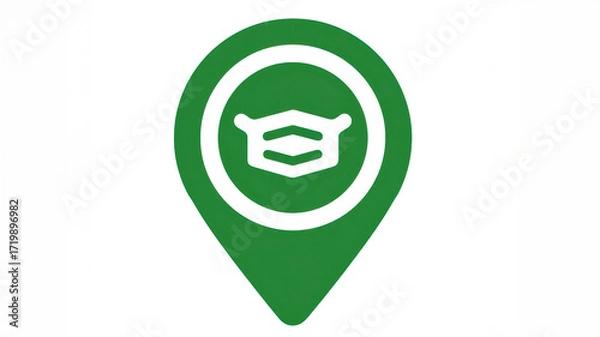 Fototapeta A green location pin icon with a white mask symbol, representing health safety measures, particularly in public spaces.