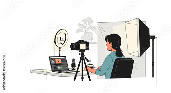 Fototapeta Content Creator Filming Product Review with Ring Light and Blender in Cozy Home Setup