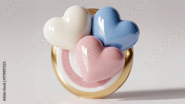 Fototapeta A decorative arrangement of three sparkling heart-shaped objects in pastel colors on a circular base, exuding a playful and romantic vibe.