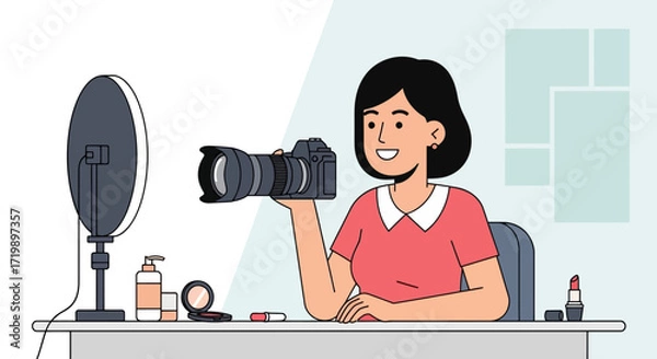 Fototapeta Content Creator Filming Product Review with Ring Light and Blender in Cozy Home Setup