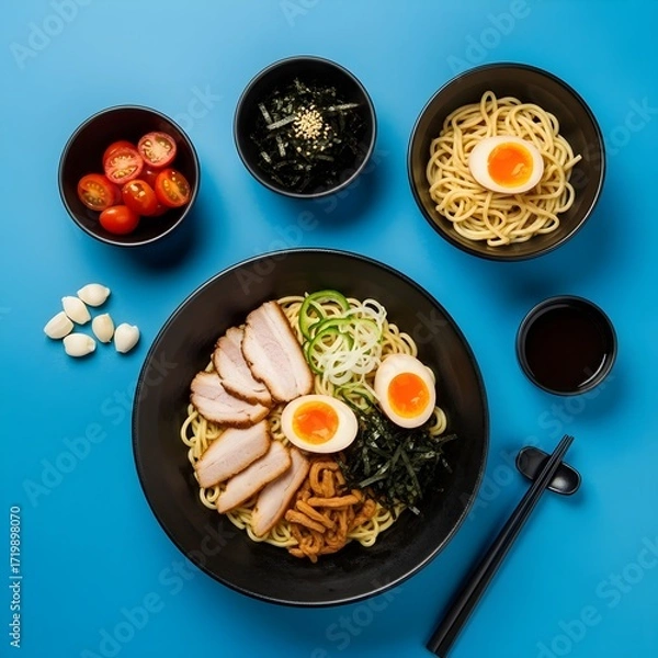 Fototapeta Japanese Ramen in blue background: Miso Broth with Pork, Tofu, and Vegetables, Top View