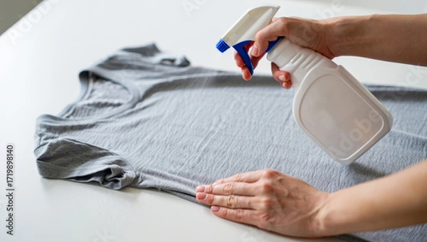 Fototapeta Hand using spray bottle on gray t shirt to remove wrinkles and freshen fabric, concept of quick clothing care, laundry solution, garment cleaning and home chores