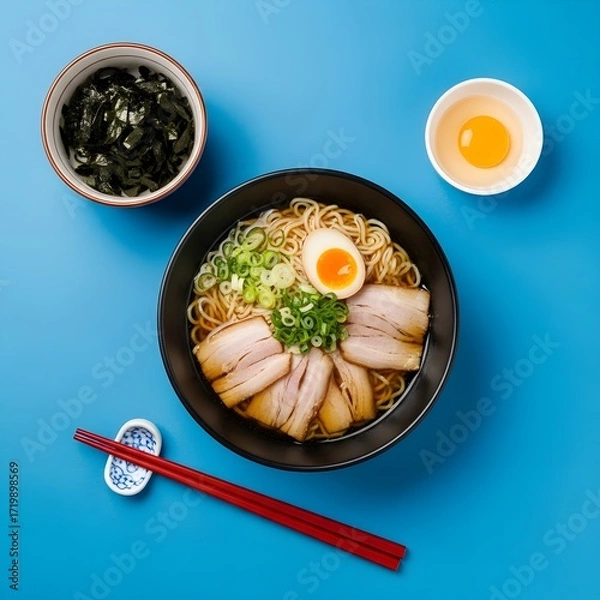 Fototapeta Japanese Ramen: Miso Broth with Pork, Tofu, and Vegetables, Top View on blue Background