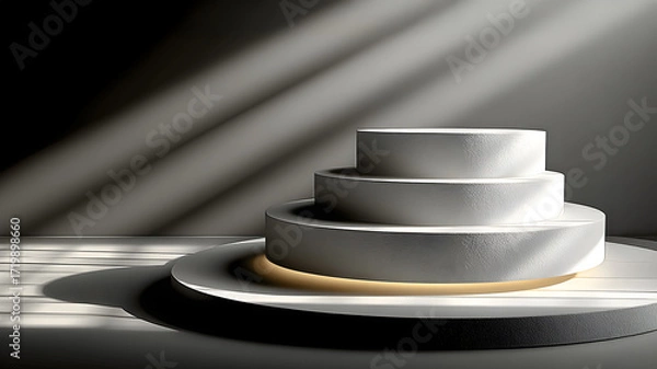 Fototapeta Three-tiered circular podiums in a minimalist setting, illuminated by soft light, creating an elegant display for product presentation and artistic showcases