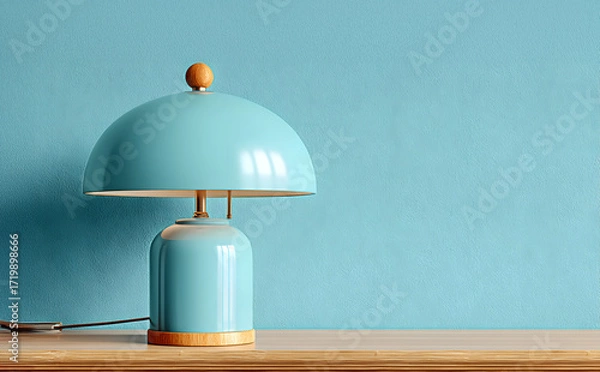 Fototapeta Modern turquoise lamp with a rounded shade and wooden base, elegantly placed on a wooden table against a textured blue wall, enhancing contemporary interior decor