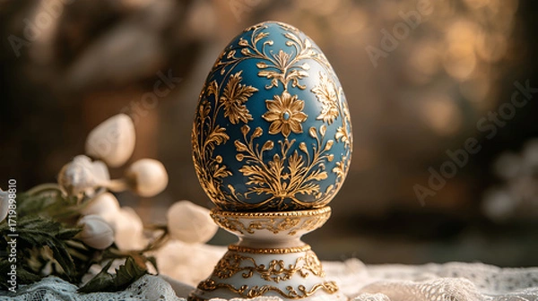 Fototapeta Ornate decorative egg with intricate floral patterns in blue and gold, resting on a delicate lace surface, surrounded by soft natural light and floral elements, symbolizing elegance and artistry