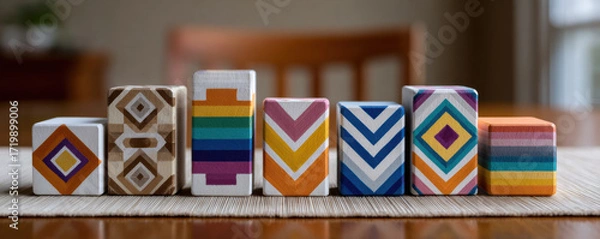 Fototapeta Decorative wooden blocks with geometric patterns are arranged on table, ideal for Kwanzaa for children to learn and play