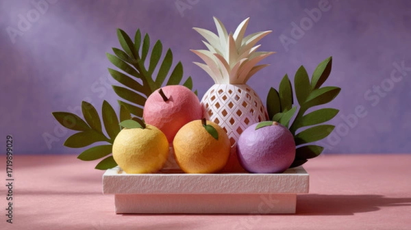 Fototapeta Paper craft fruits arranged in basket for Kwanzaa celebration for children, featuring pineapple, oranges, and leaves
