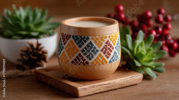 Fototapeta Wooden cup with patterned design sits wooden coaster, surrounded by succulents, pinecones, and red berries, creating cozy