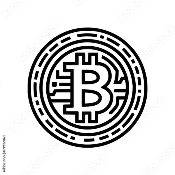 Fototapeta A bitcoin cryptocurrency coin with a stylized b symbol and a detailed border in black and white design